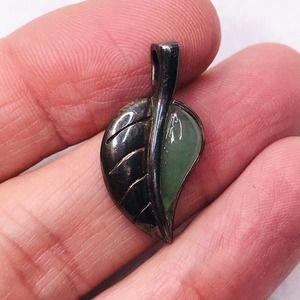 Sterling Silver Green‎ Jadeite Leaf Pendant Charm Marked RJ 925